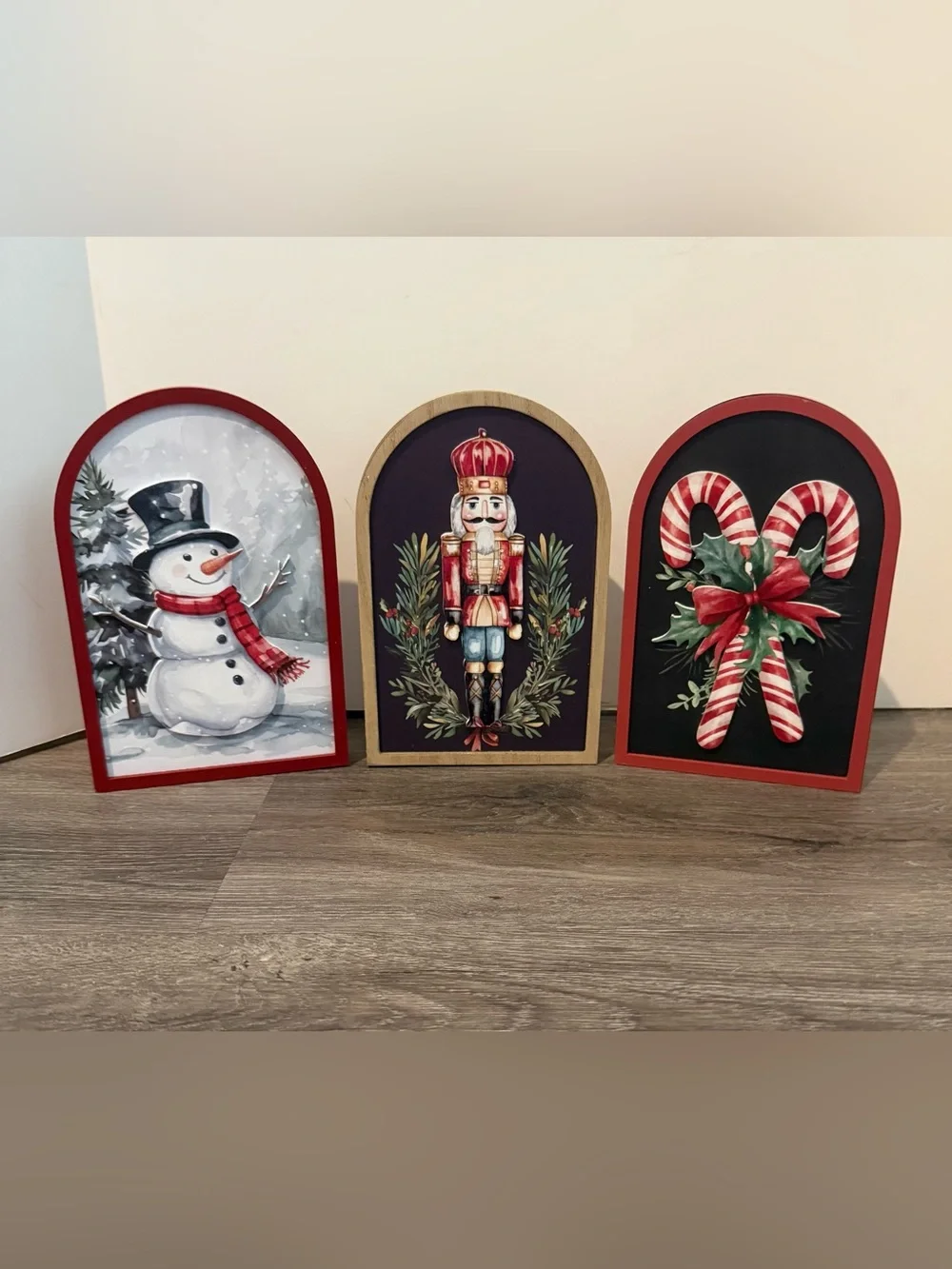 Cute Holiday Arch Wood Decor- Set of 3- Snowman, Nutcracker, and Candy Canes-NWT